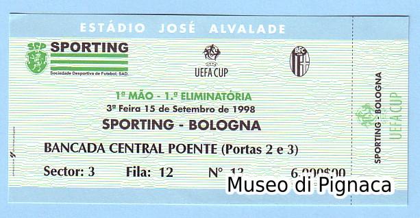 1998 - biglietto Coppa Uefa Sporting Lisbona - Bologna FC