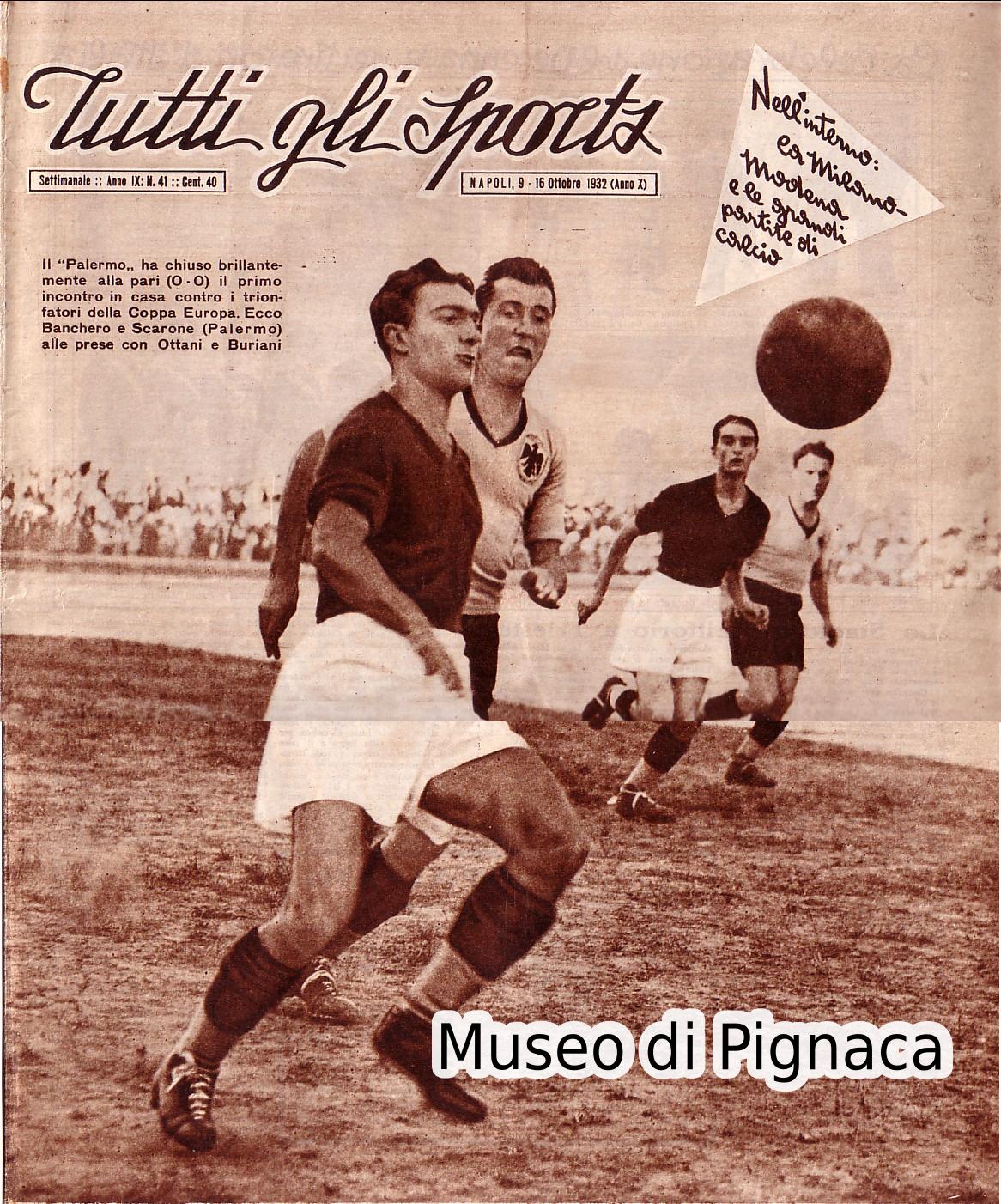 1932 (16 ottobre) - Il Palermo costringe al pari il Bologna (Ottani e Boriani contrastati da Banchero e Scarone)
