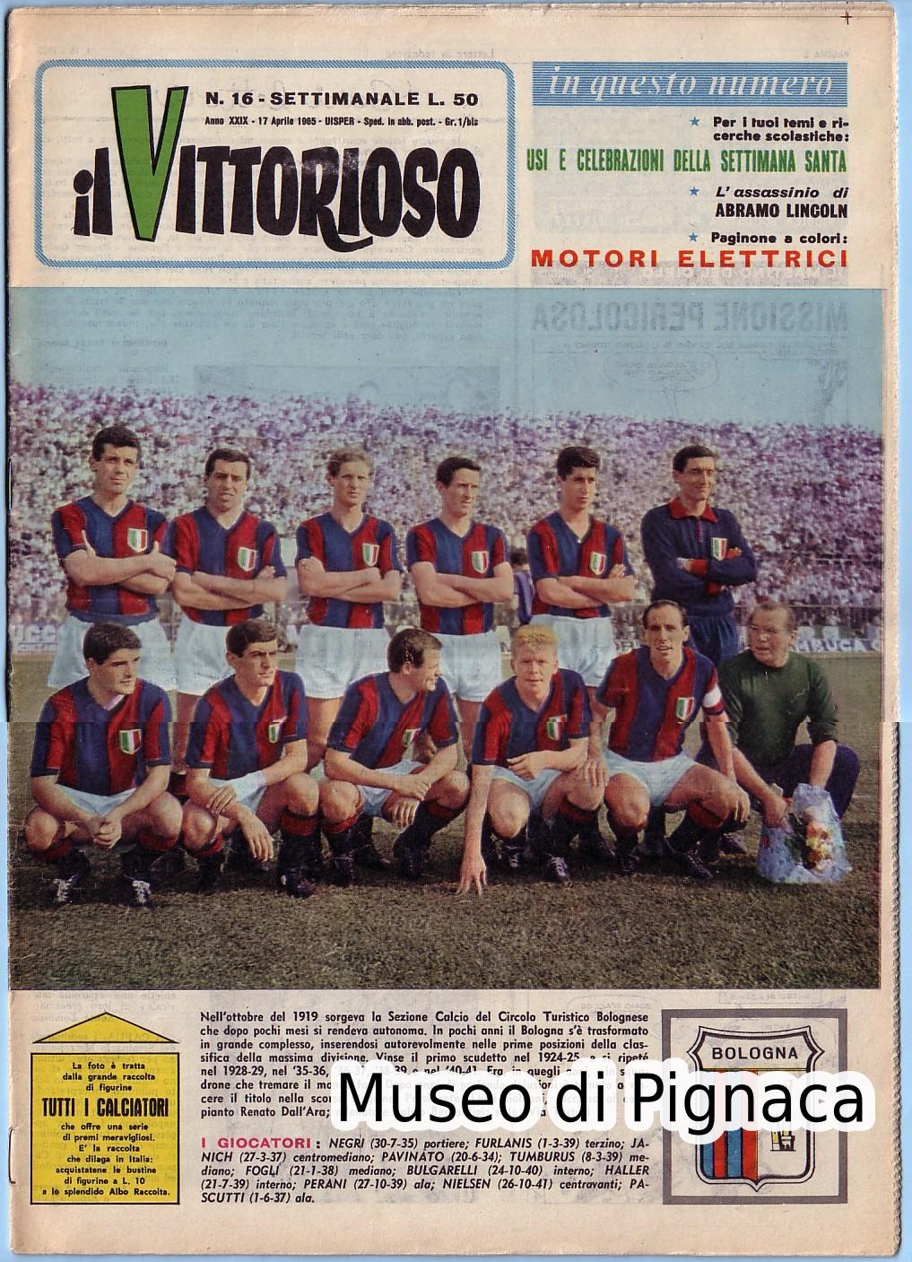 1965 Settimanale IL VITTORIOSO dedicato al Bologna FC