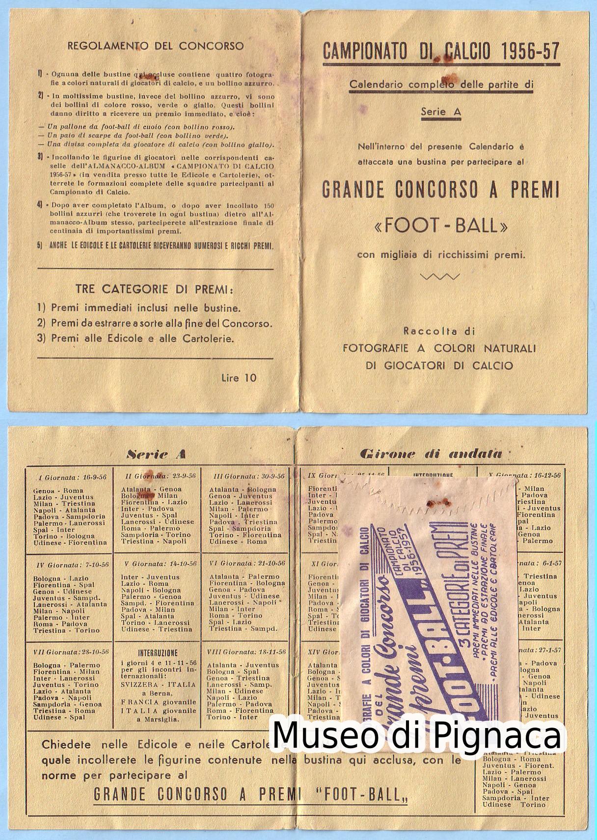 SPORT NAPOLI 1956-57 - Bustina e calendario-regolamento 'FOOT-BALL Campionato di Calcio 1956-57'