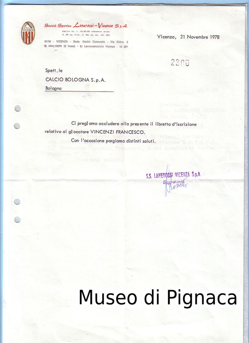 1978 - Lettera del Lanerossi Vicenza riguardante un trasferimento di un giocatore