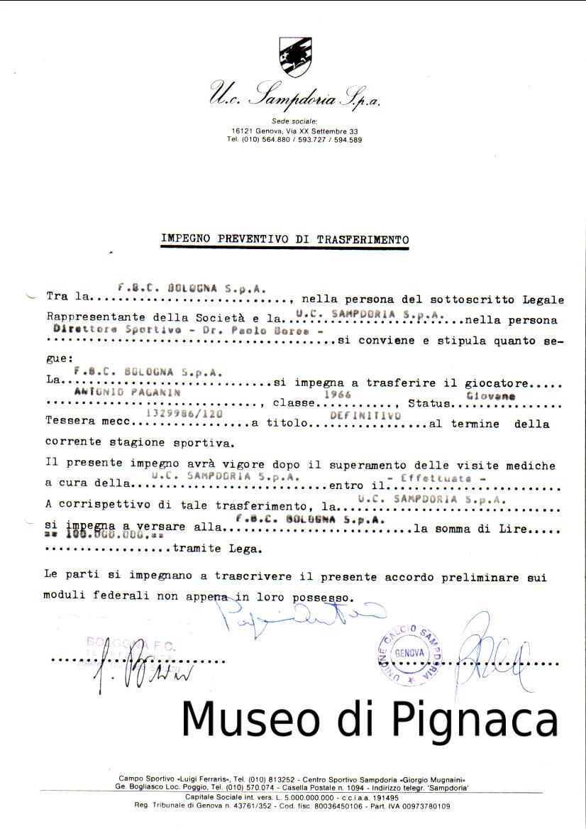 1984 Pratica trasferimento alla UC Sampdoria del calciatore Antonio Paganin (firme Brizzi, Borea, Paganin)