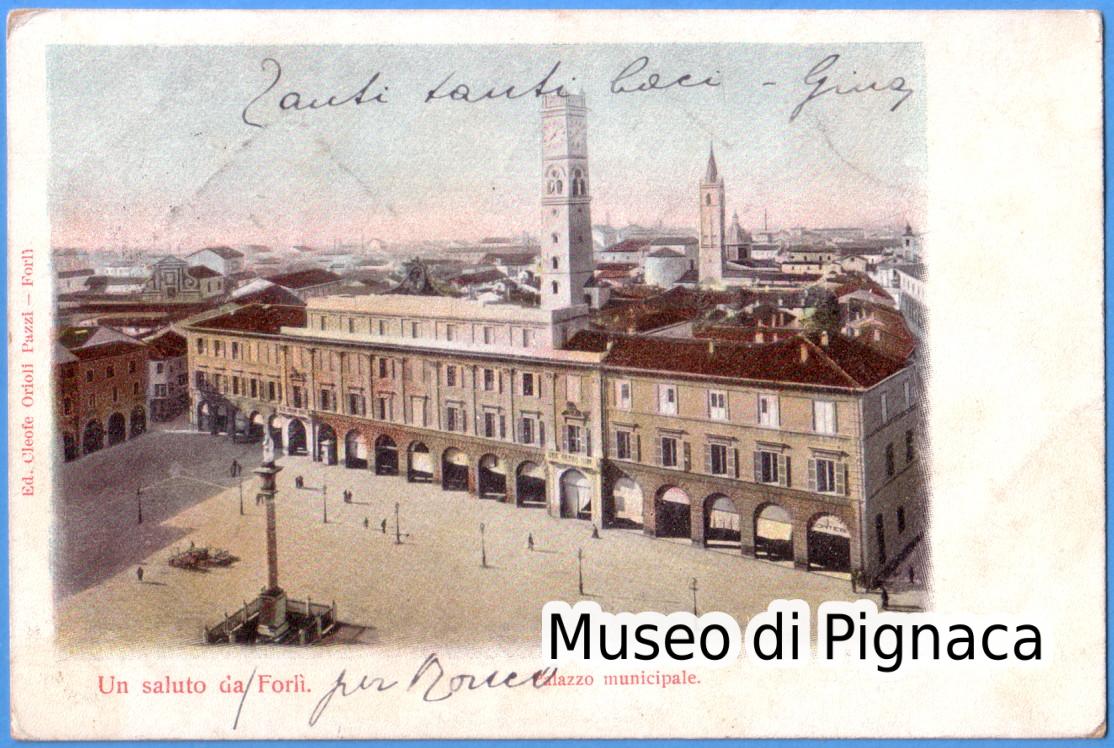 1908 vg - Un saluto da Forlì (..per Ronco) - Palazzo Municipale - spedita da Villa Ronco