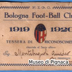 1919/20 Tessera di Riconoscimento Abbonamento al Bologna Foot-Ball Club rilasciata a socio allievo