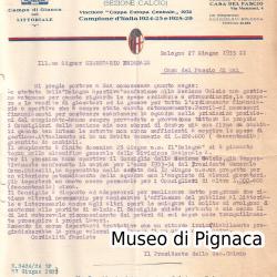 1933 Lettera BOLOGNA (sezione calcio) - Presidenza Bonaveri