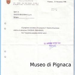 1978 - Lettera del Lanerossi Vicenza riguardante un trasferimento di un giocatore