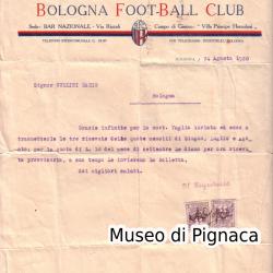 1920 (24 agosto) - Lettera con Intestazione BOLOGNA FOOT-BALL CLUB Campo di Gioco 'Villa Hercolani'