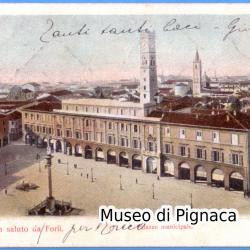 1908 vg - Un saluto da Forlì (..per Ronco) - Palazzo Municipale - spedita da Villa Ronco