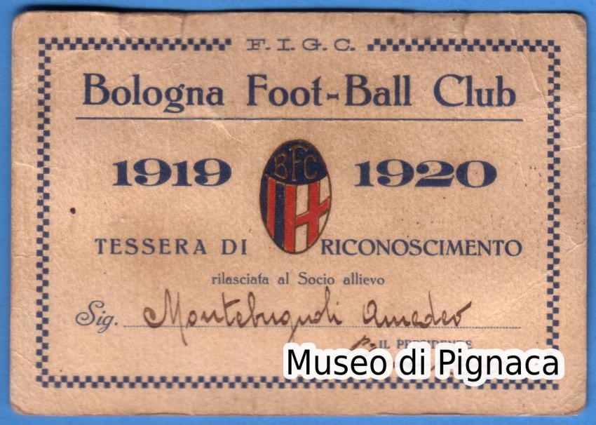 1919/20 Tessera di Riconoscimento Abbonamento al Bologna Foot-Ball Club rilasciata a socio allievo
