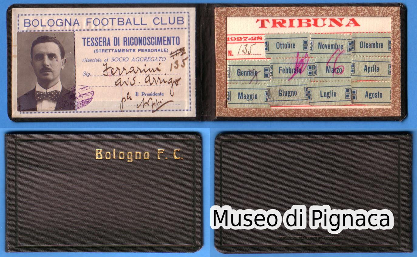 1927/28 Abbonamento Tribuna Stadio Littoriale Bologna FC - Tessera Riconoscimento Socio Aggregato