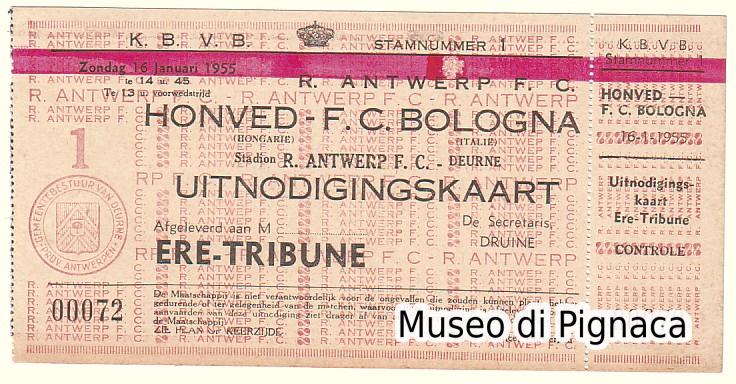 Biglietto 1955 HONVED (Ungheria) vs BOLOGNA FC (Italia)