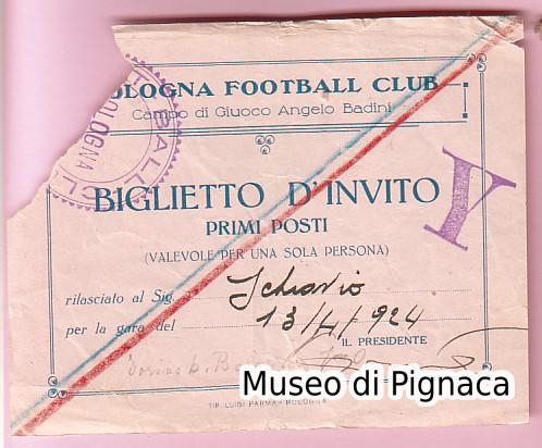 1923/24 Campo Badini (Sterlino) - Biglietto Primi Posti donato da Angelo Schiavio - Presidenza Enrico Masetti