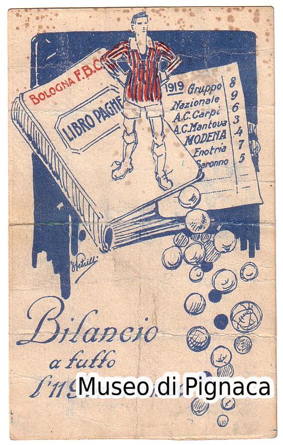 1920 cartolina Bilancio libro 'PAGHE' Bologna FBC (rarissima)