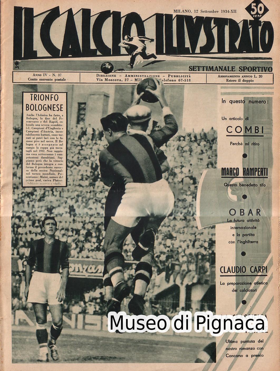 1934 (12 settembre) - Il Calcio Illustrato - Trionfo Bolognese (Coppa Europa)