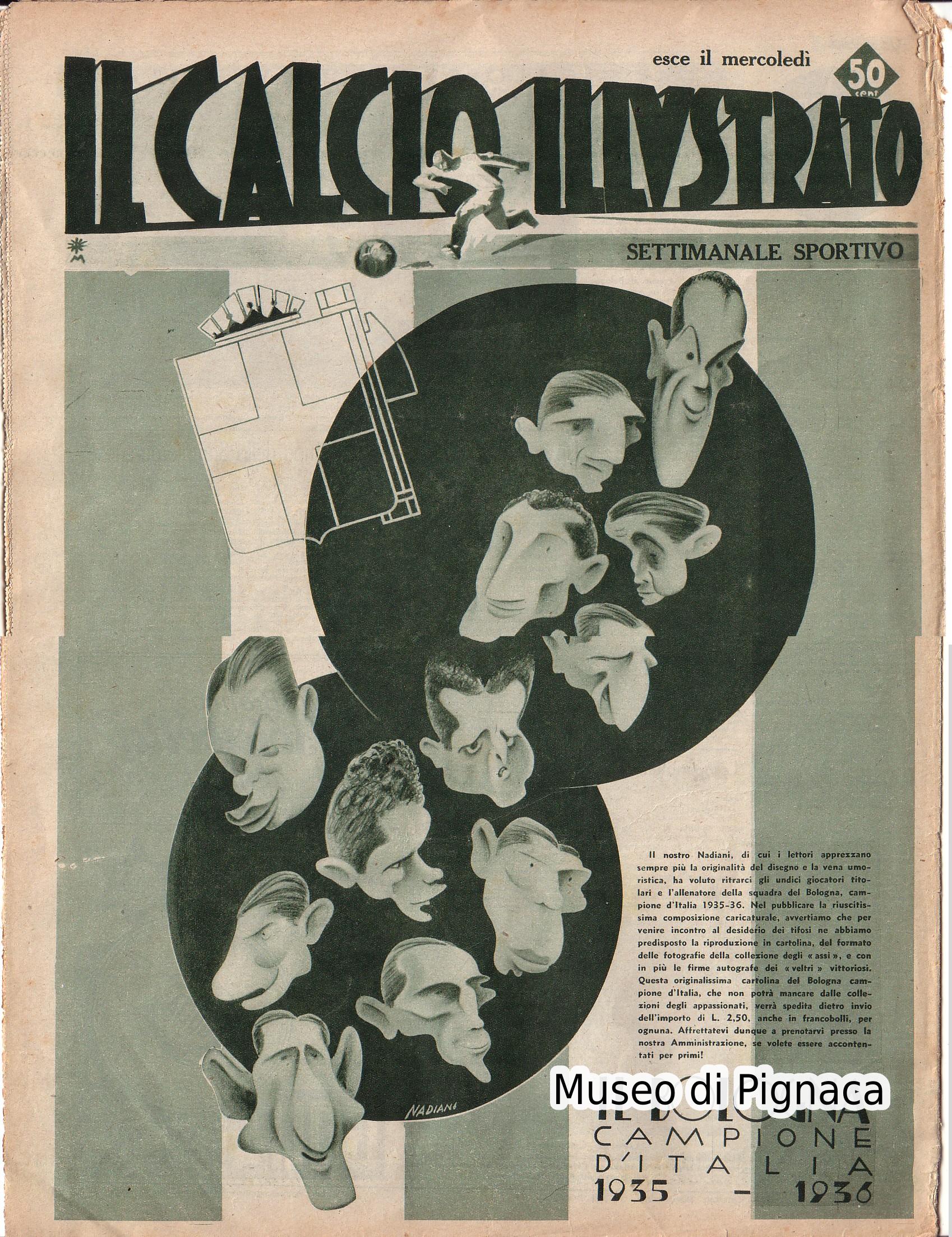 1936 - Il Calcio Illustrato - copertina illustrata da Nadiani dedicata al Bologna campione d'Italia