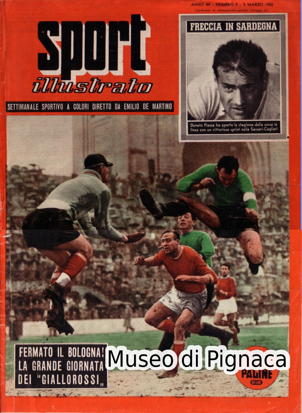 1955 (3 marzo) - Sport Illustrato - Capitan Ballacci in maglia verde contro la difesa della Roma