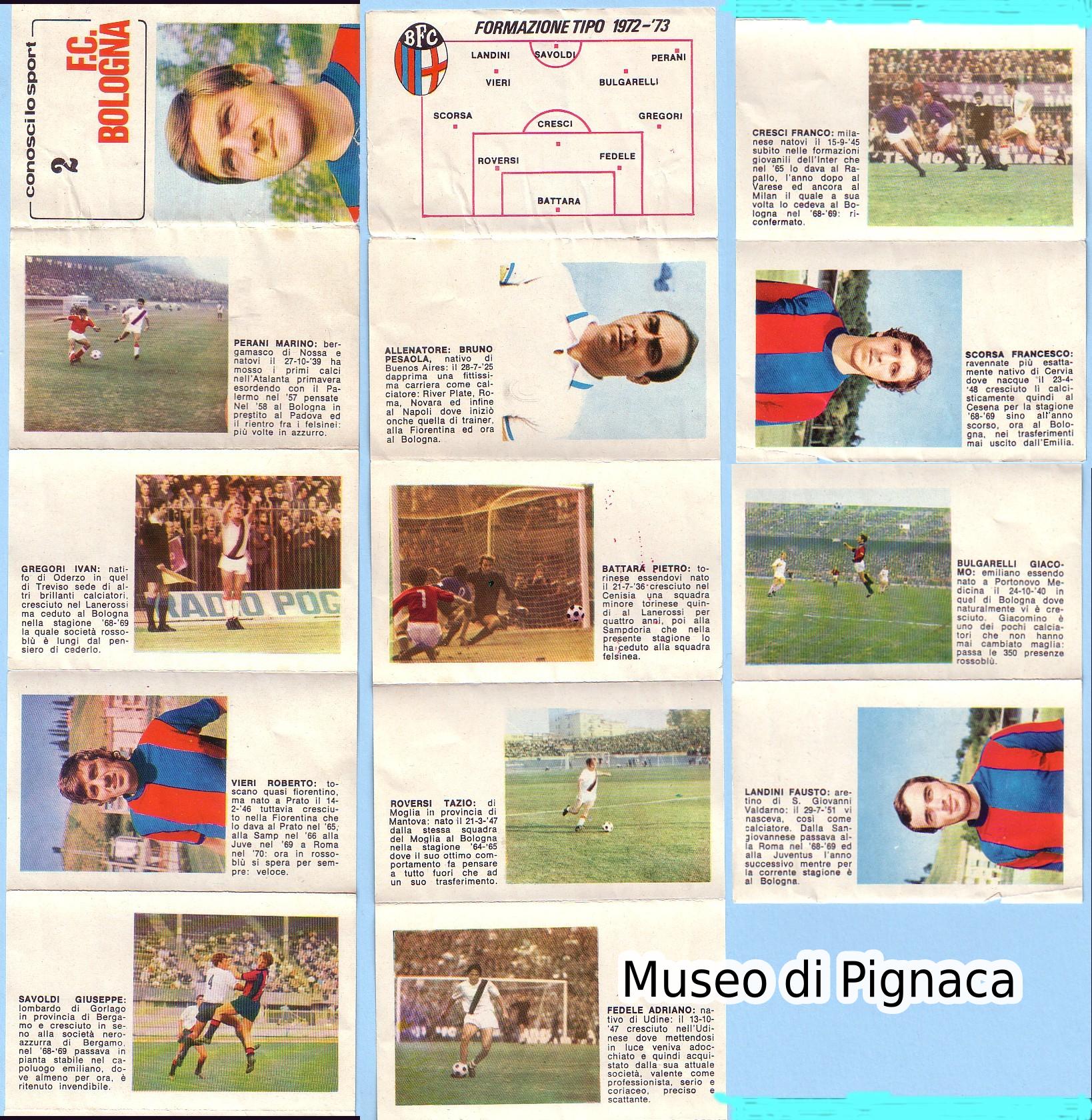 1972-73 (editore sconosciuto) - pieghevole con figurine e piccole biografie Bologna FC