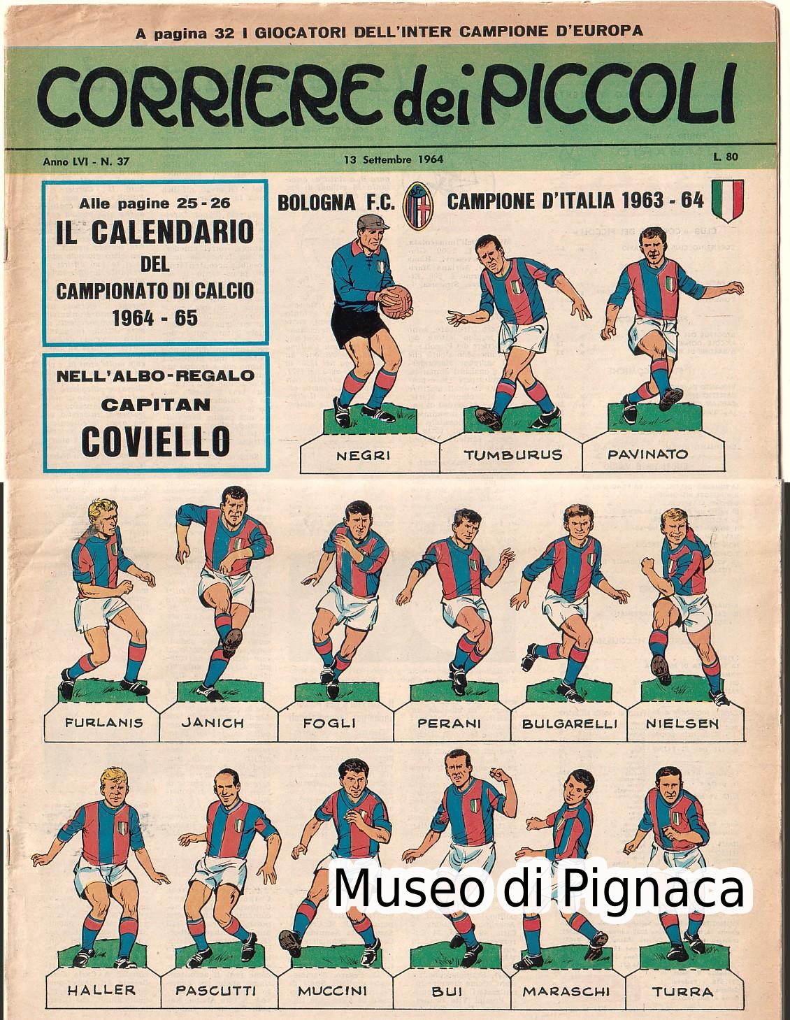 Corriere dei Piccoli 1964-65 figurine da ritagliare Bologna FC