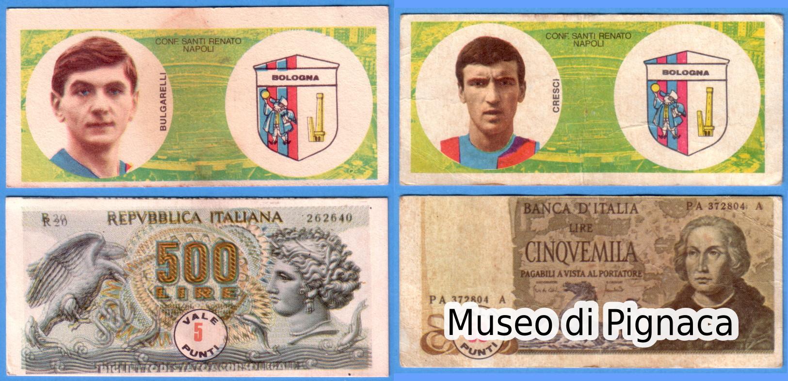 Renato Santi Confetture (Napoli) - 1974/75 figurine banconote Bulgarelli e Cresci (500 e 5000lire)