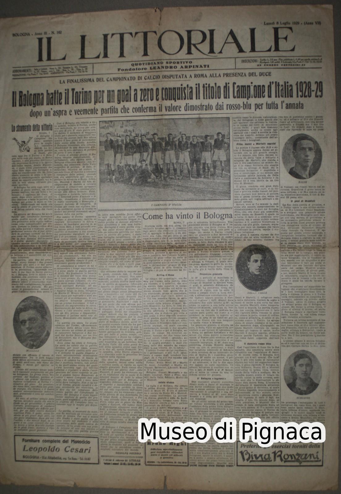 1929 Il Littoriale -  Il Bologna conquista il suo secondo scudetto