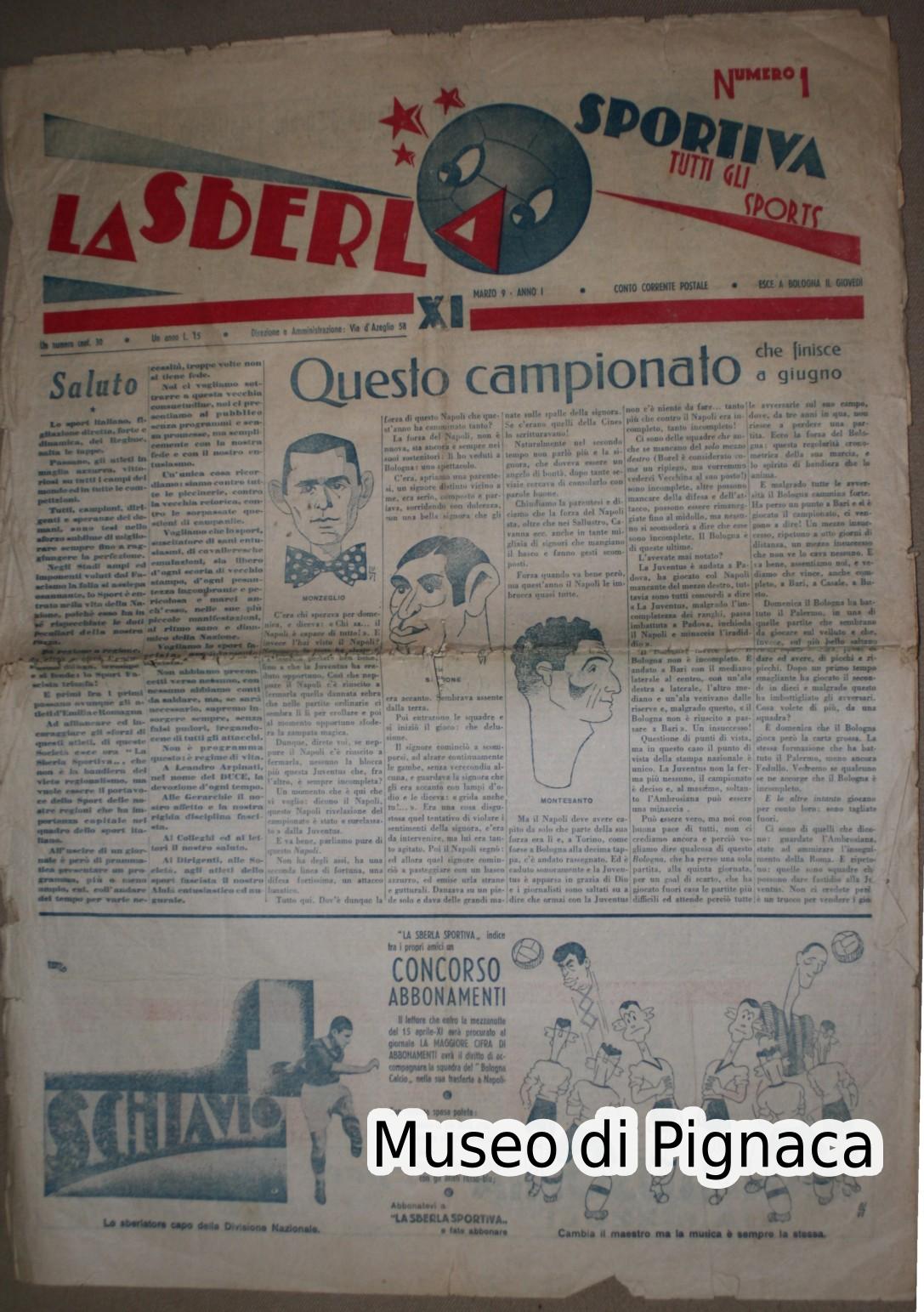 1933 Giornale LA SBERLA SPORTIVA - dedicata al Bologna