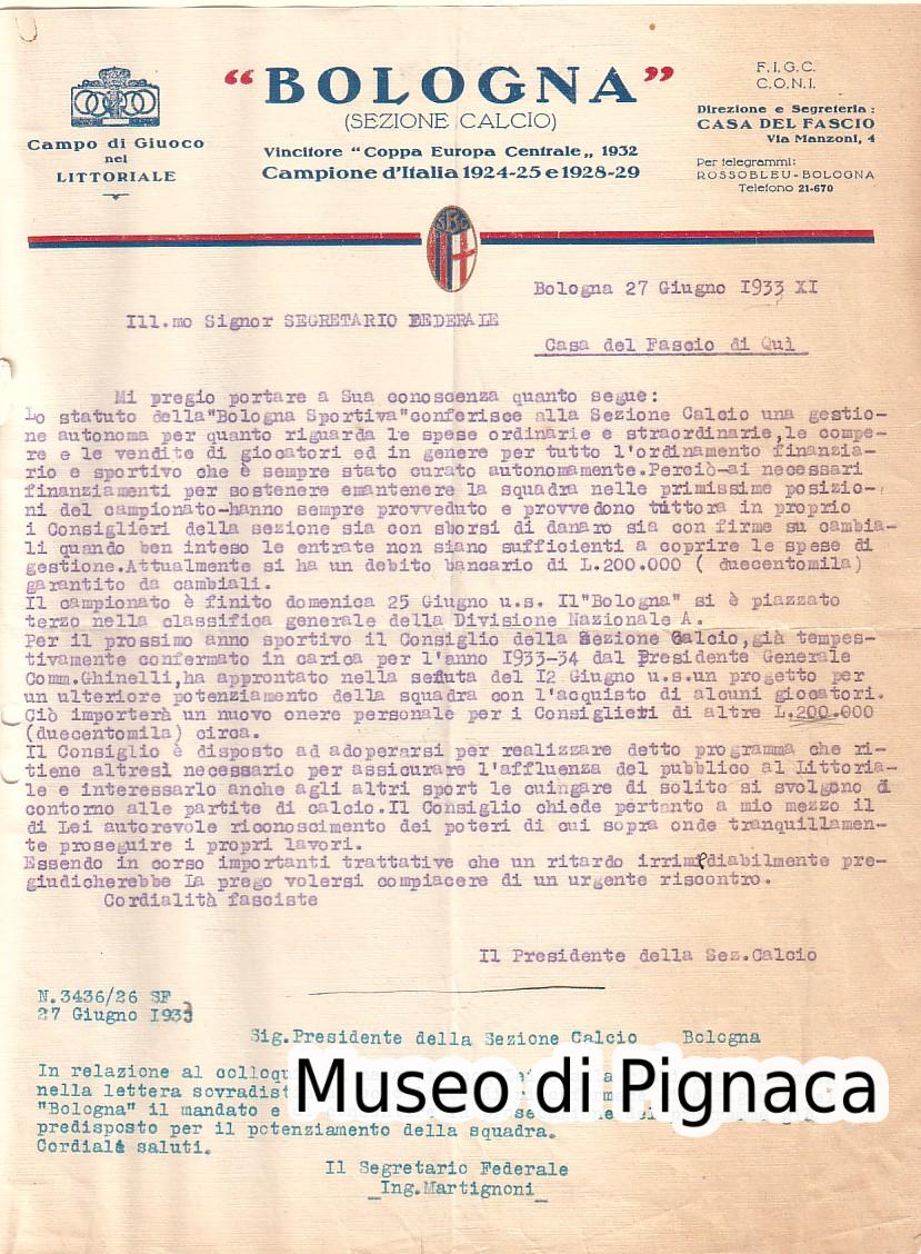 1933 Lettera BOLOGNA (sezione calcio) - Presidenza Bonaveri