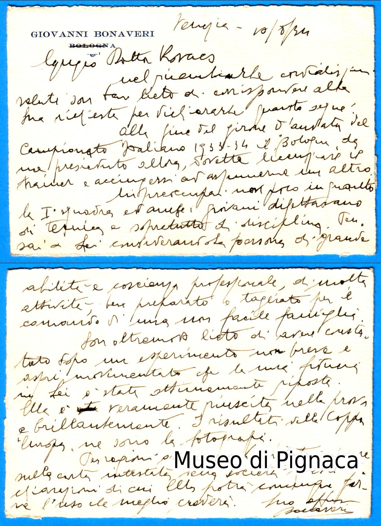 1934 Cartolina autografa del Presidente Bonaveri indirizzata a Kovacs