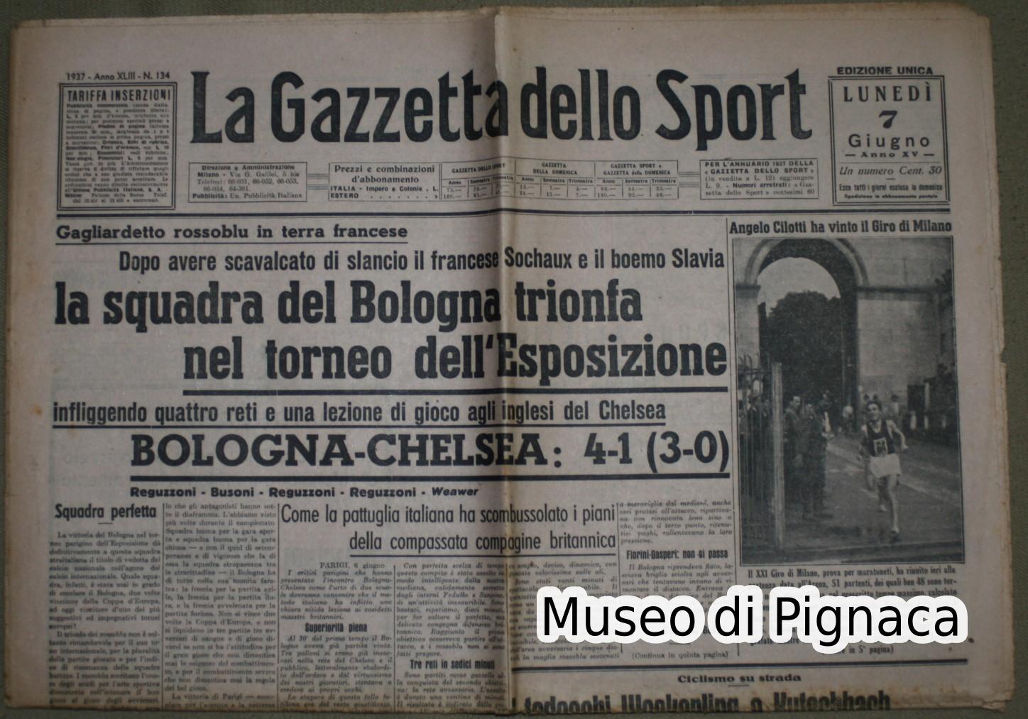 1937 Gazzetta dello Sport - vittoria all'Esposizione di Parigi del Bologna