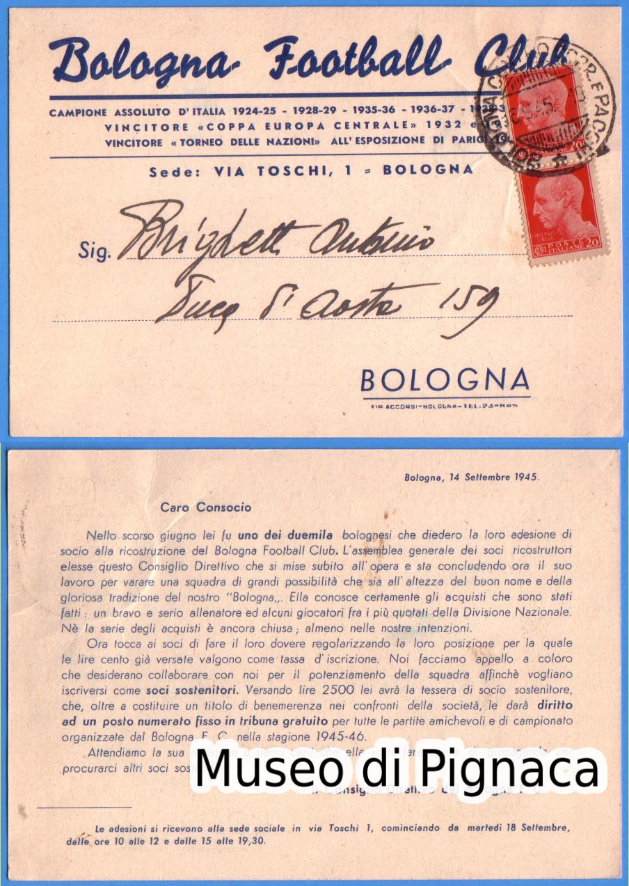 1945 (14 settembre) - Cartolina Invito Consiglio Direttivo BOLOGNA FC (Sottoscrizione Quota Soci Sostenitori)