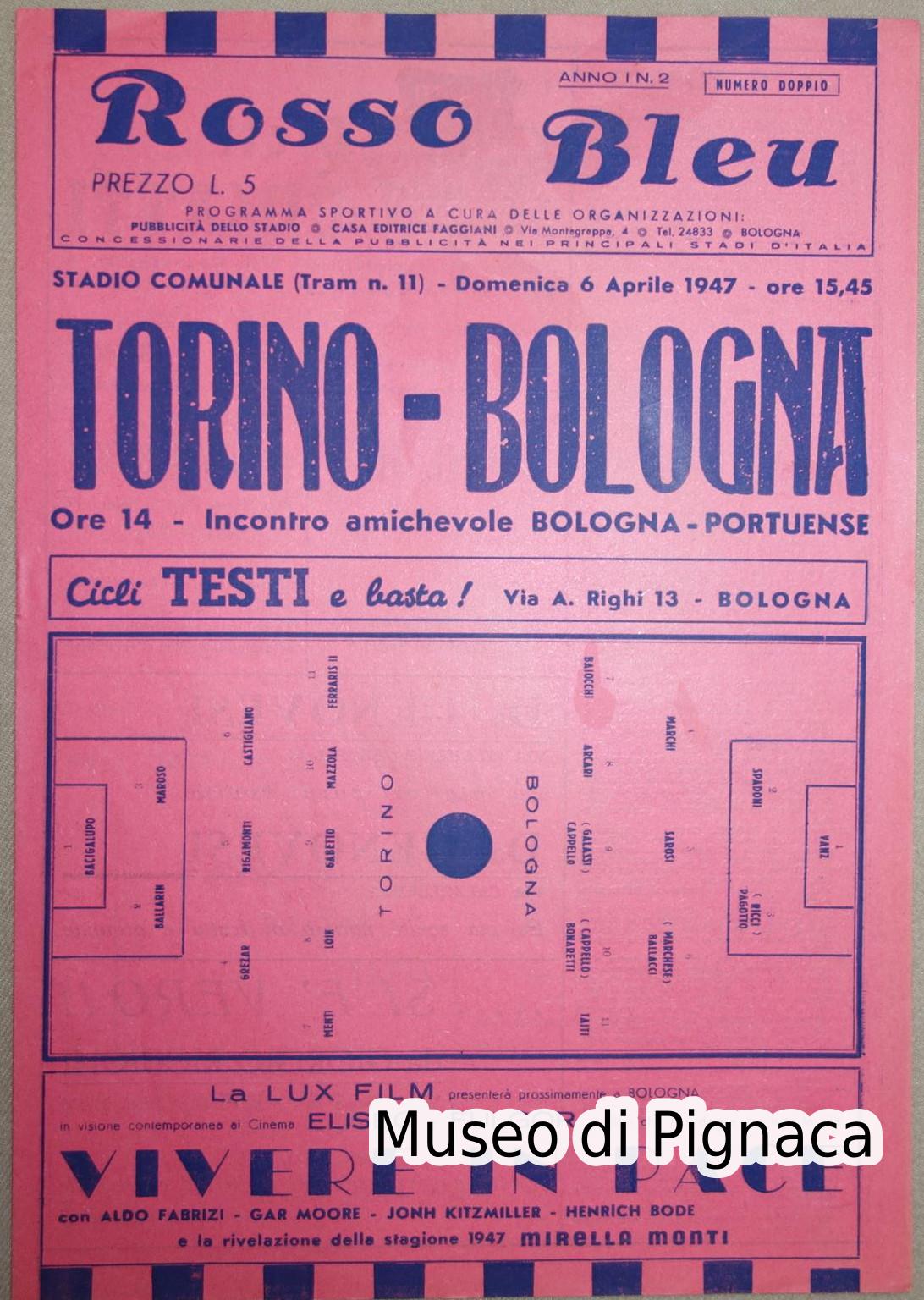 1946/47 Programma Manifesto 'Rosso Bleu' partita Grande Torino vs BOLOGNA FC