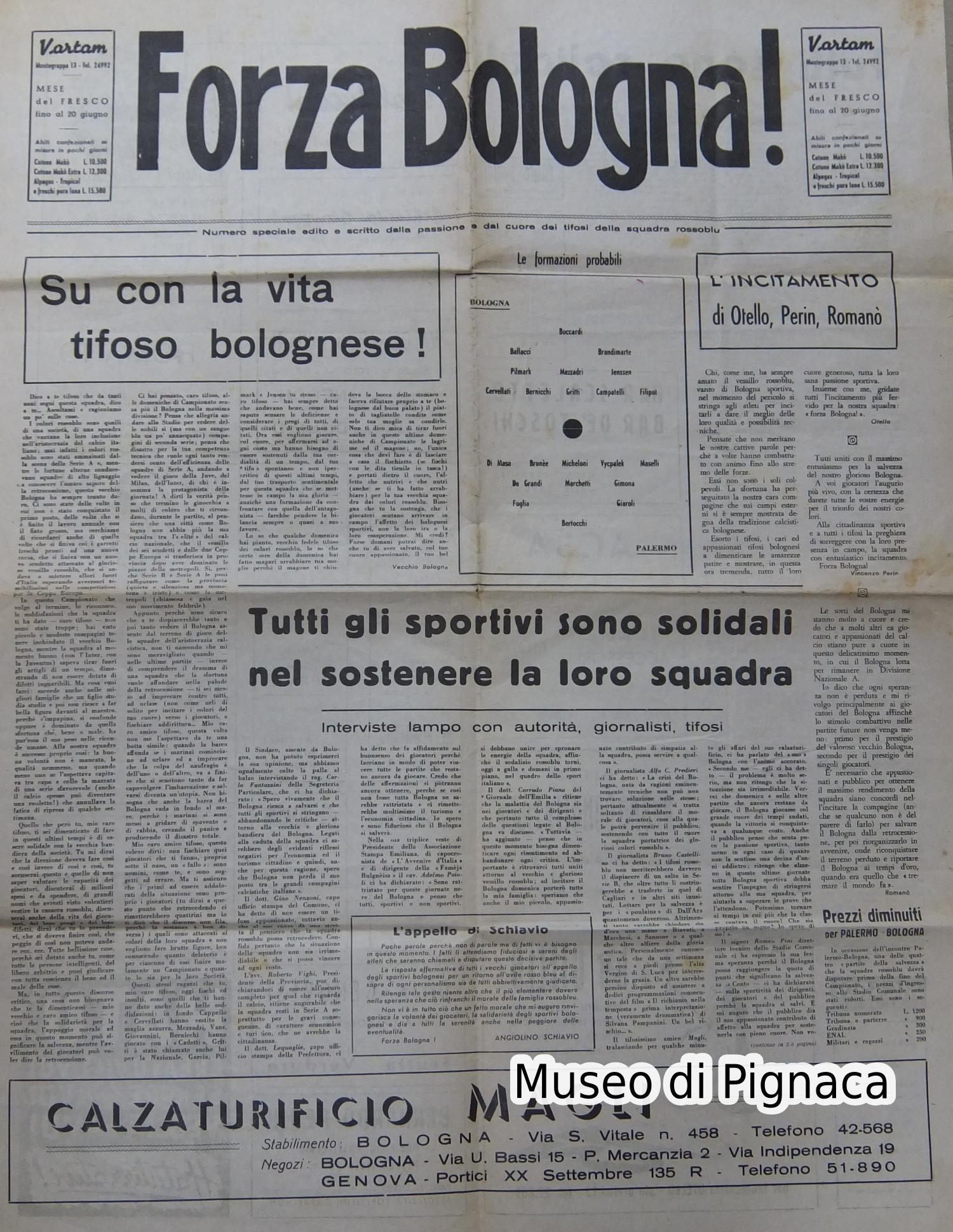 1951 Foglio doppio FORZA BOLOGNA distribuito per richiamare i tifosi ad aiutare la squadra in difficoltà
