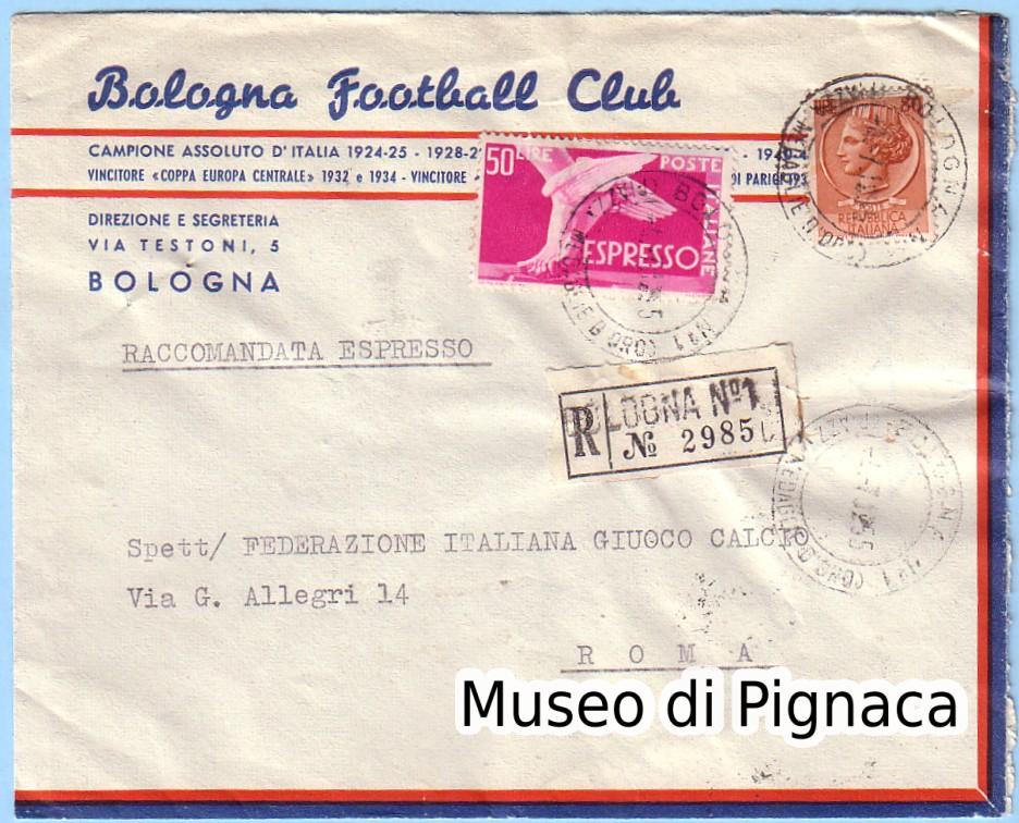 1955 4 luglio - busta raccomandata spedita alla FIGC (sede Via Testoni)