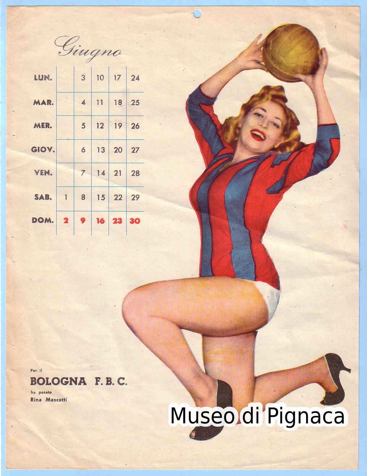 1956 calendario giugno - Pin-Up con maglia del Bologna