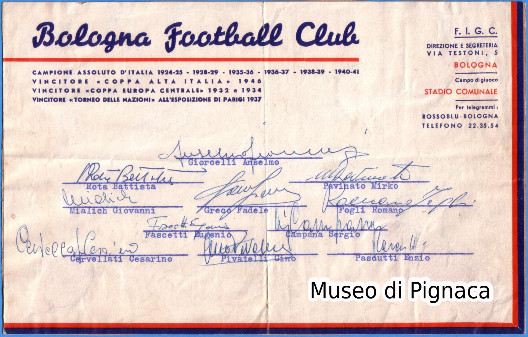 1959-60 Autografi titolari Bologna FC su carta intestata