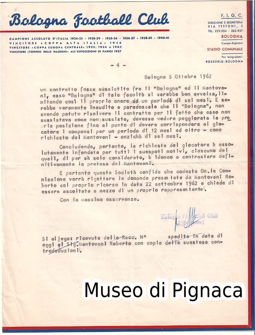 1962 Lettera  Bologna Football Club firmata Renato Dall'Ara