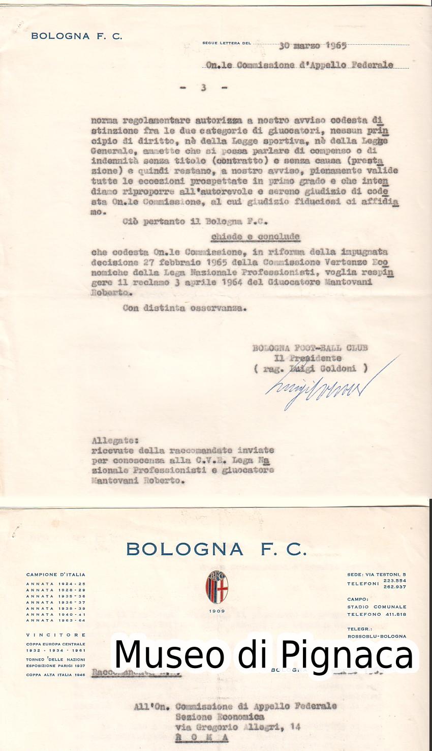 1965 Lettera Intestata Bologna FC firmata Presidente Goldoni