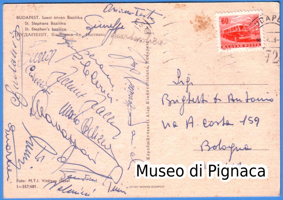 1968 Ferencvaros vs Bologna - Cartolina autografata da tutti i convocati per la trasferta