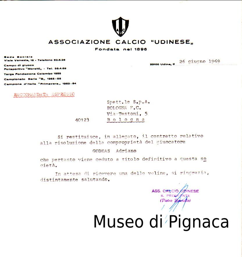 1969 Documento risoluzione comproprietà calciatore Adriano Godeas (dall'Udinese al Bologna)