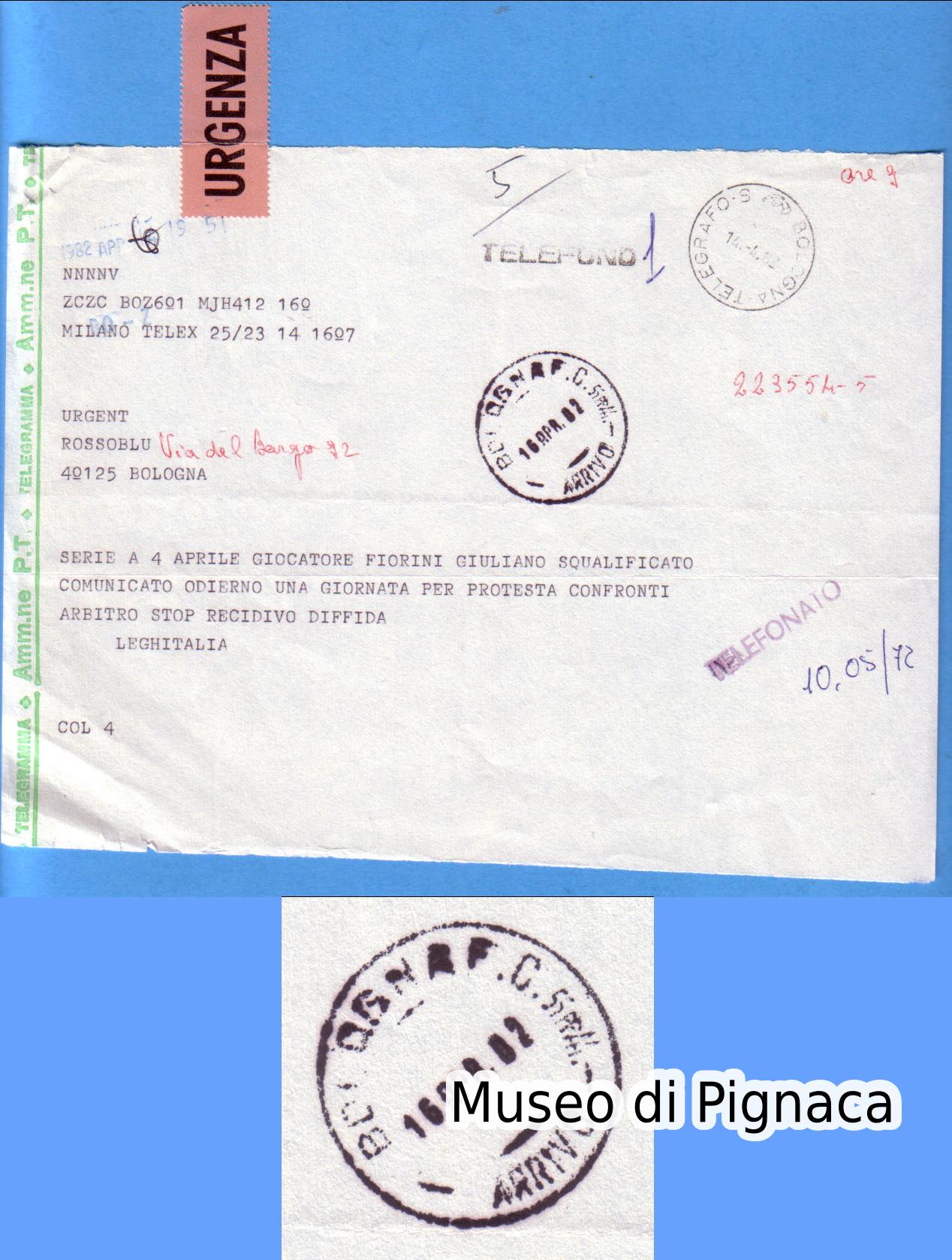 1982 telegramma Lega Calcio - comunicazione squalifica calciatore Giuliano Fiorini - timbro di arrivo Bologna FC