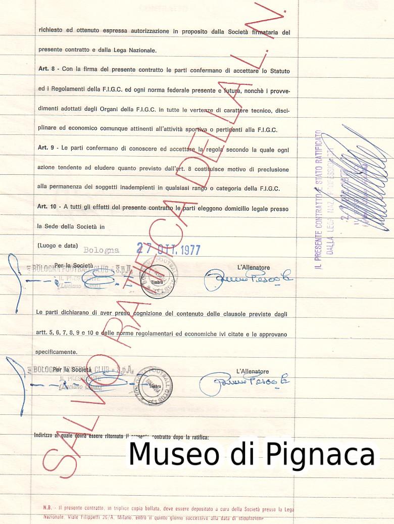 Contratto stipulato fra il Bologna e Pesaola nel 1977