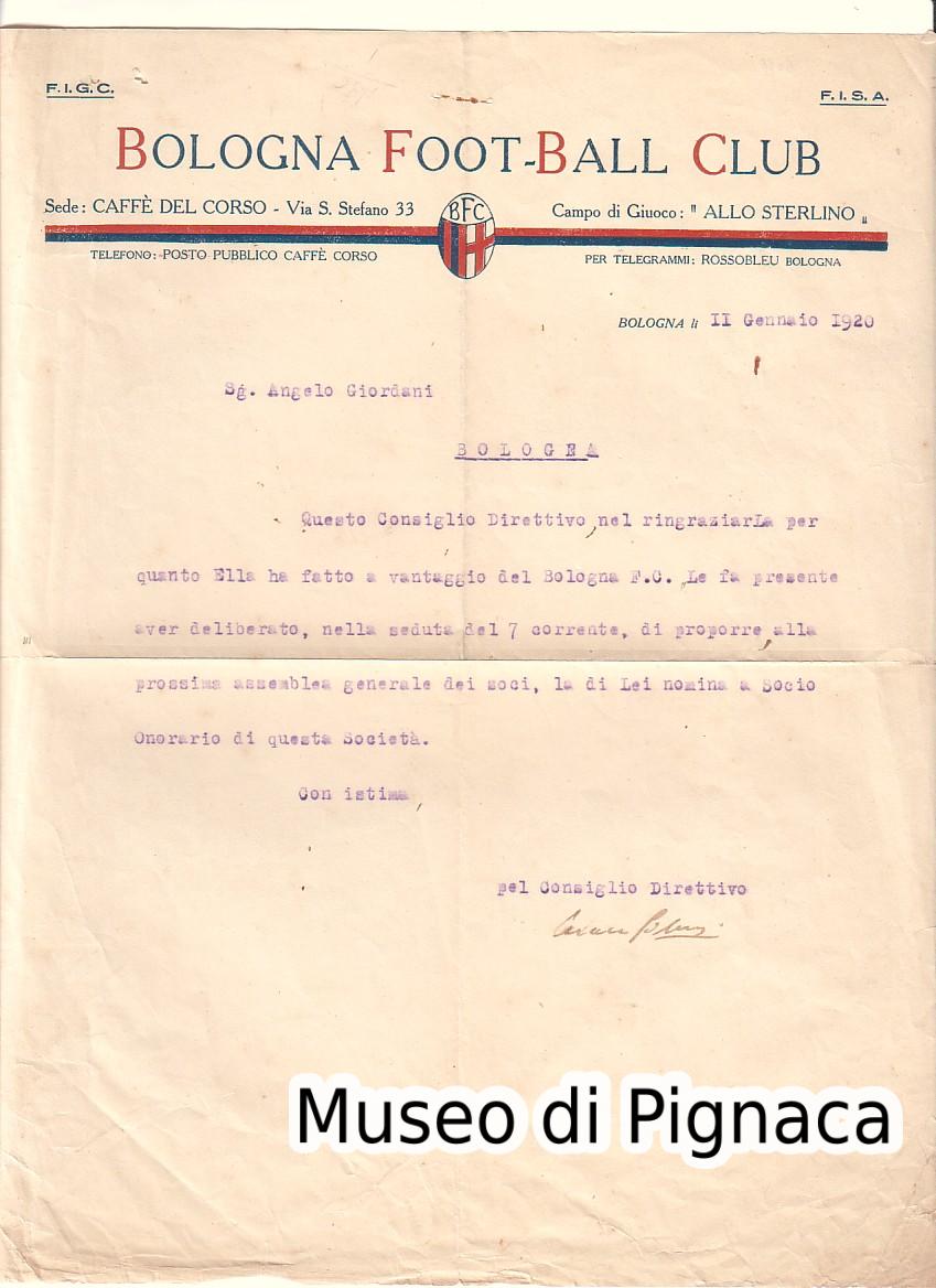 1920 (11 gennaio) Lettera Intestazione BOLOGNA FOOT-BALL CLUB con sede Caffè del Bologna - Campo di Gioco 'Allo Sterlino'