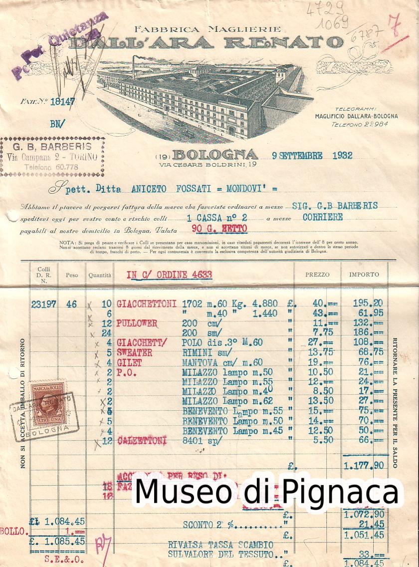 Maglierie RENATO DALL'ARA - 1932 (fattura autografa)