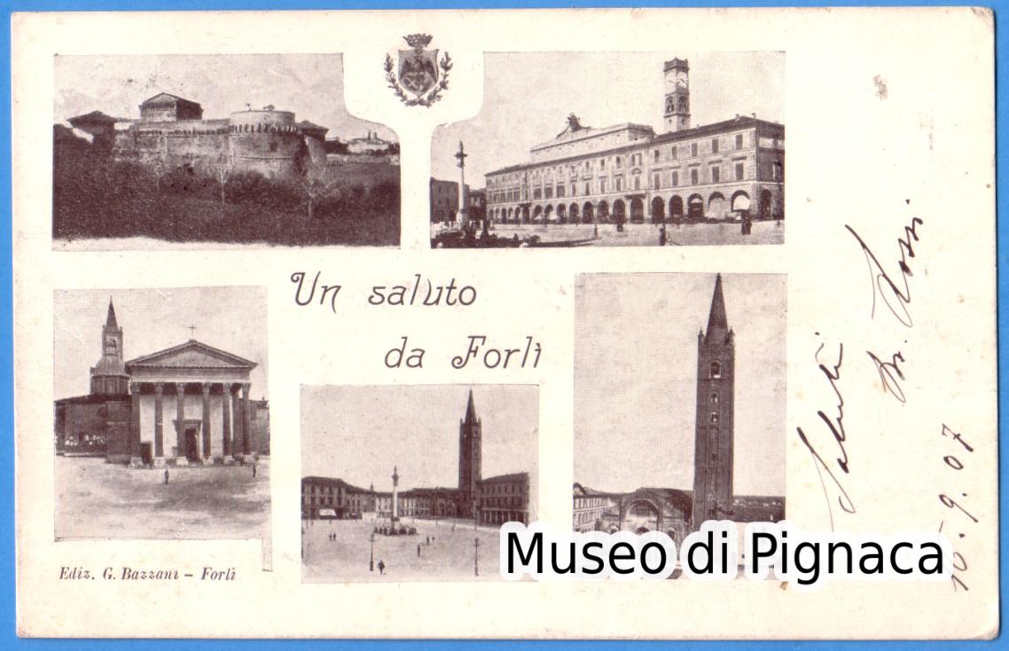 1907 vg - Un saluto da Forlì con 5 vedutine e stemma
