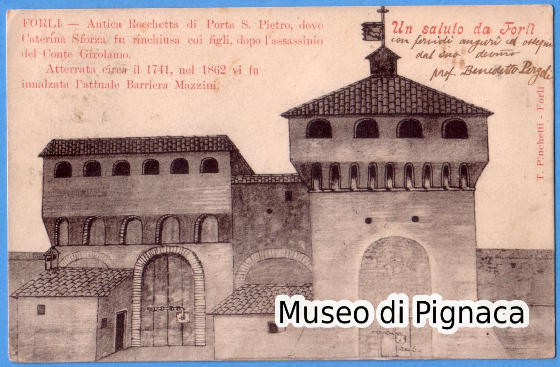 1902 vg - Un saluto da Forlì Antica Rocchetta di Porta San Pietro (disegnata)