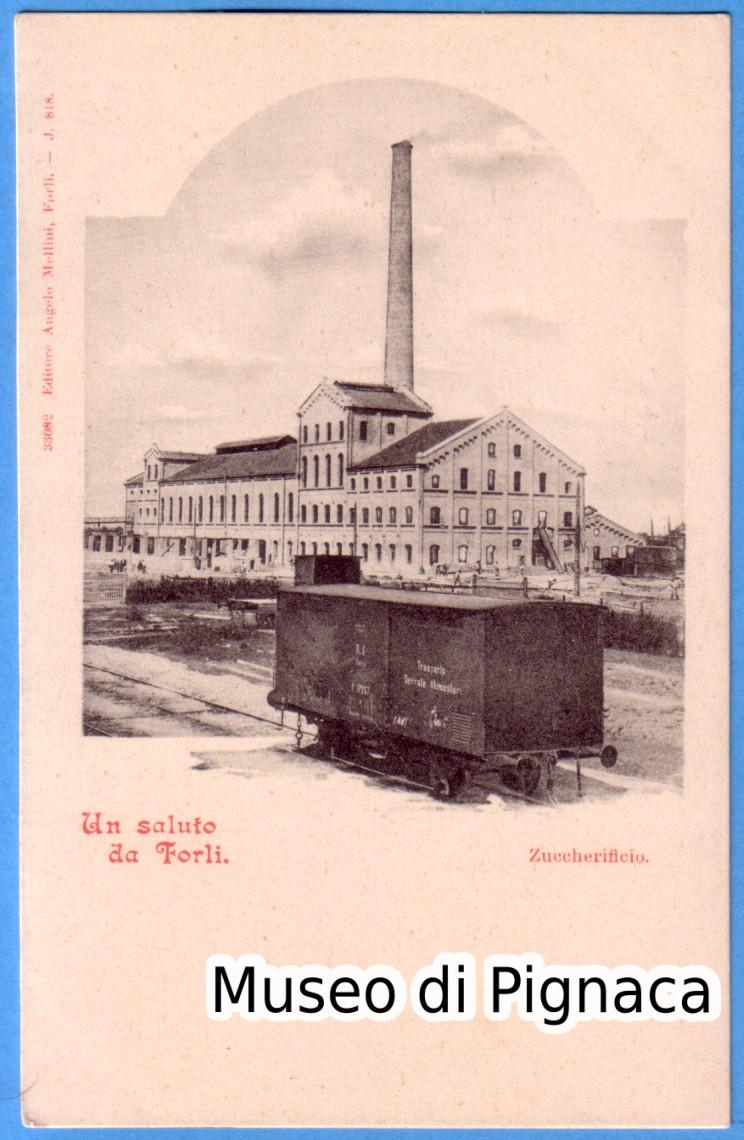 1900ca nv - Un saluto da Forlì - Zuccherificio con vagone in primo piano (editore Angelo Mellini)