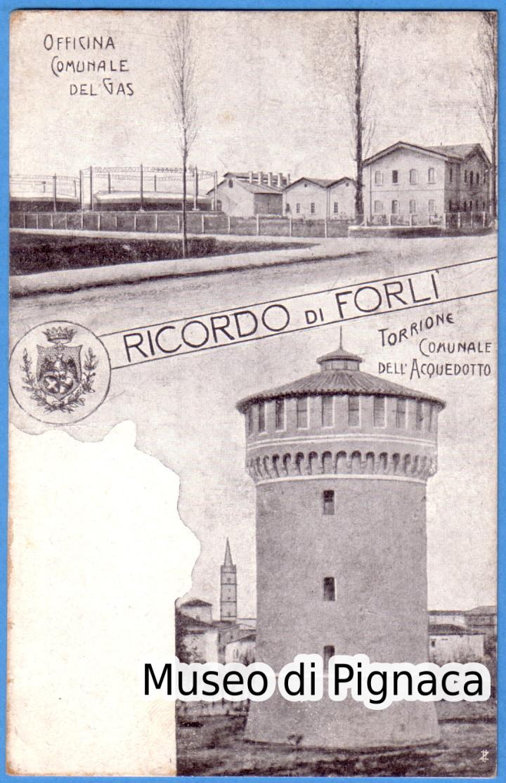 1918 vg - Ricordo di Forlì (doppia immagine) - Officina Comunale del Gas e Torrione dell'Acquedotto