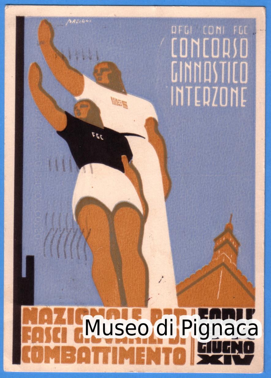 1936 vg - Forlì giugno XIV - Concorso Ginnastico Interzone Nazionale per fasci giovanili di combattimento - Illustratore Ettore Nadiani