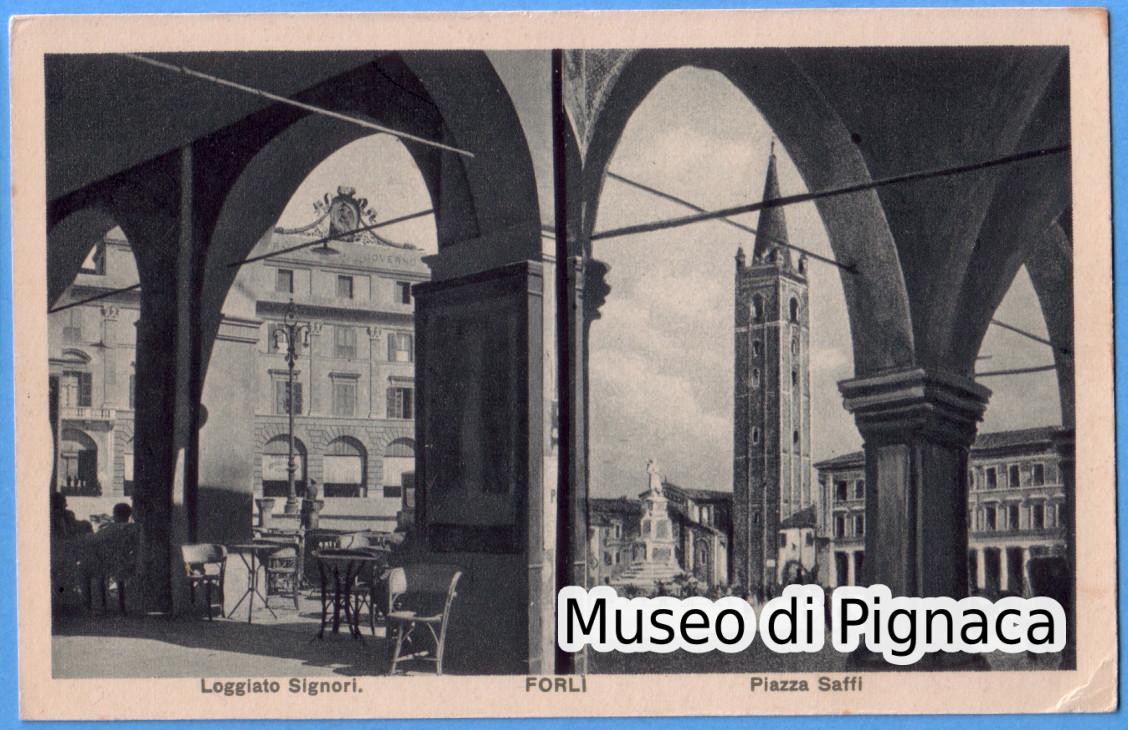 Forlì anni 30 - doppia immagine - Loggiato Signori e Piazza Saffi