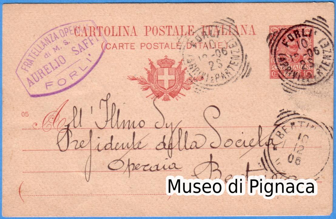 1906 cartolina postale da Forlì - Timbro Fratellanza Operaia di Mutuo Soccorso S Aurelio Saffi