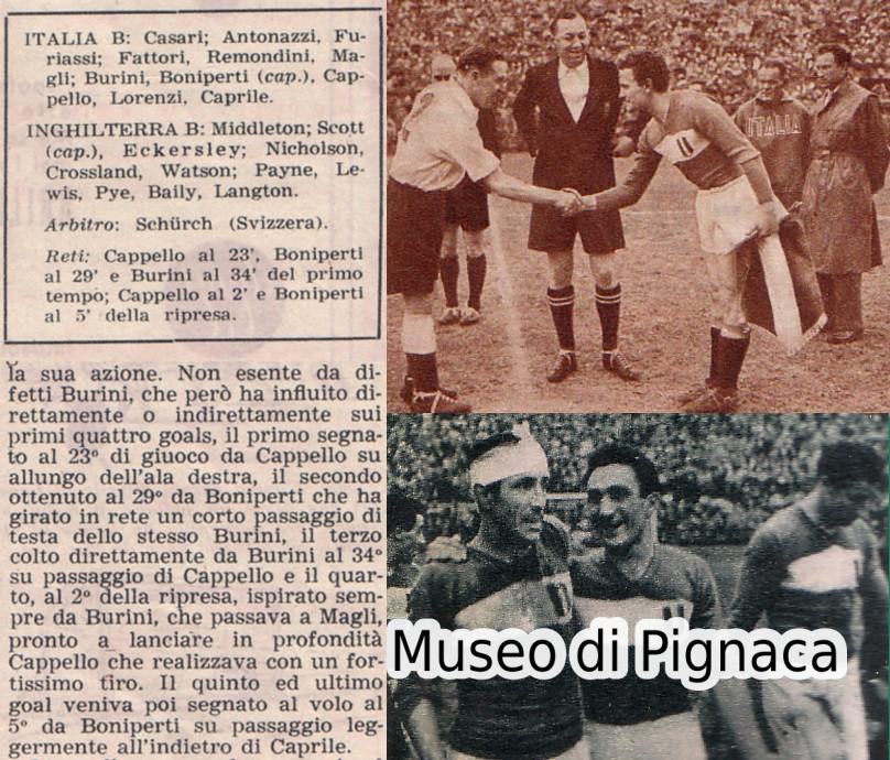 Renzo BURINI - 1950 - (tabellini e dettagli partita Italia B - Inghilterra B)